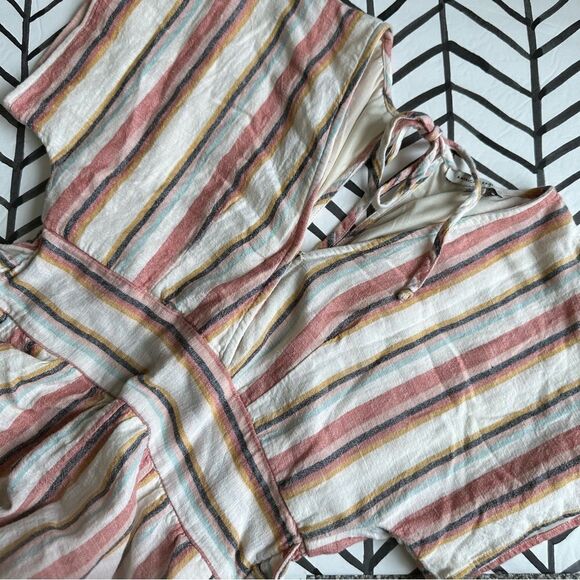 American Eagle Size S Striped Deep V-Neck Short Pastel Linen Blend Romper - Picture 1 of 5